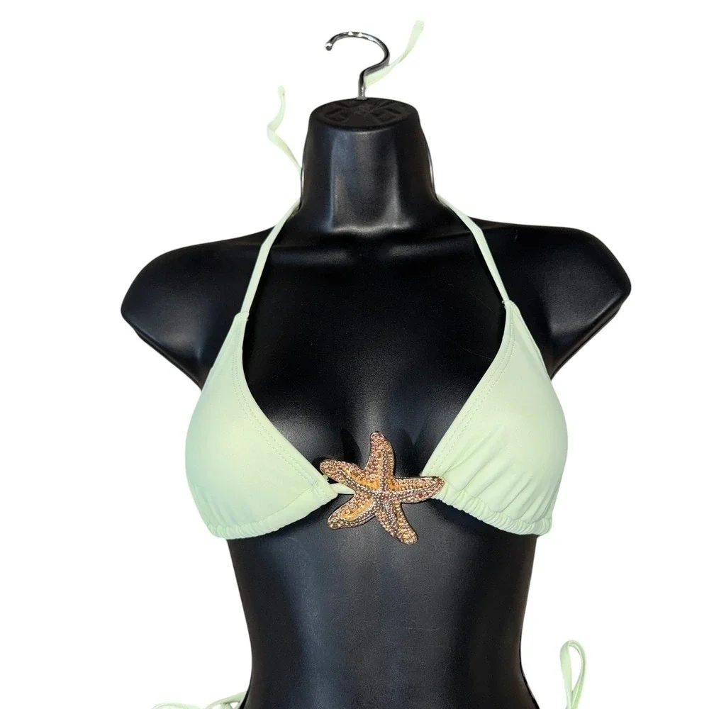 New XS Mint Green Starfish Rhinestone 3-Piece Bikini and Mesh Sarong Set